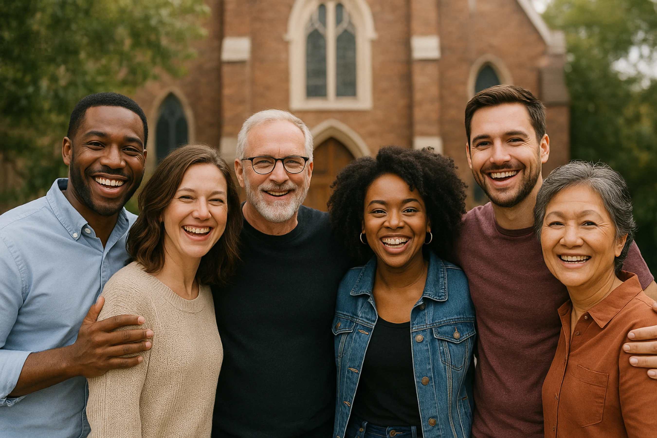 A diverse group of six smiling adults of various ages and ethnicities stand together for a portrait outdoors in front of a brick church building.